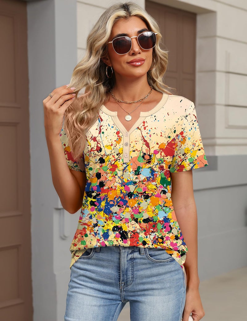 TCOT Casual Button V Neck Short Sleeve Loose Fitting Tunic Tops for Women Spring Clothes 2026 Yellow Floral Shirts 3XL - Image 4