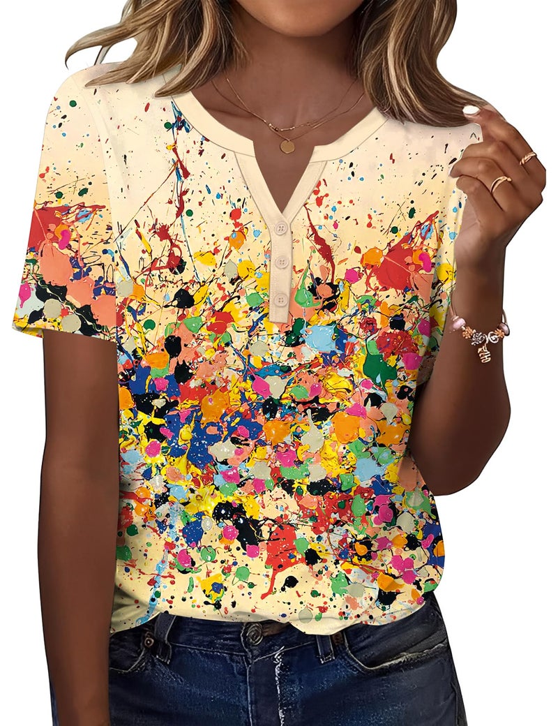 TCOT Casual Button V Neck Short Sleeve Loose Fitting Tunic Tops for Women Spring Clothes 2026 Yellow Floral Shirts 3XL - Image 1