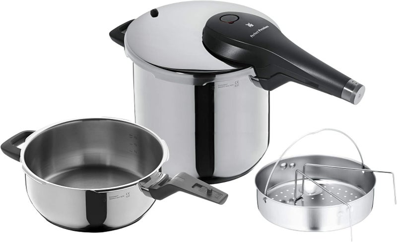 دبليو إم إف مجموعة قدرات الضغط WMF Perfect Premium One Pot، تحتوي على قدر رئيسي سعة 6.5 لتر وقدر إضافي سعة 3 لتر، مصنوعة من فولاذ مقاوم للصدأ من نوع Cromargan، تعمل بتقنية الموجات فوق الصوتية، تحتوي على 2 مستويات للطهي ومقبض دوار. - Image 1