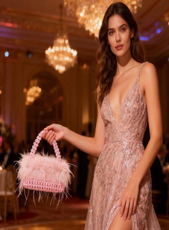 Fecialy Natural Ostrich Feather Clutch Purse for Women Beaded Handbags Handmade Evening Bag for Wedding Party - Image 3