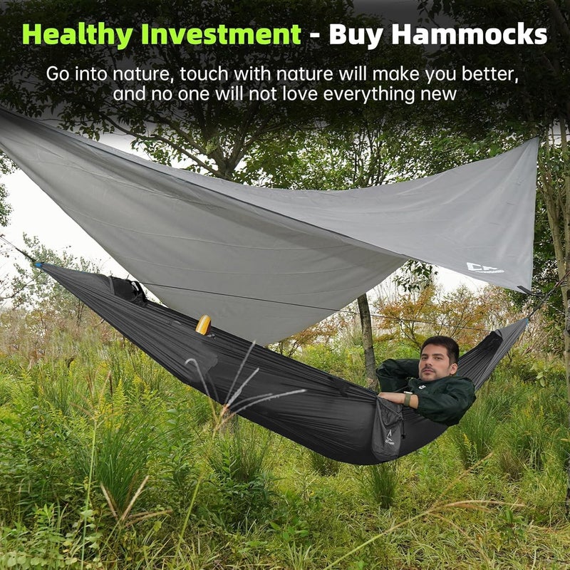 CROSSHIP Camping Hammock with Mosquito Net & Hammock Underquilt and Rain Fly Tarp - Portable for Indoor, Outdoor, Hiking, Backpacking, Backyard, Beach & Travel (Hold Up to 500lbs) - Black - Image 3