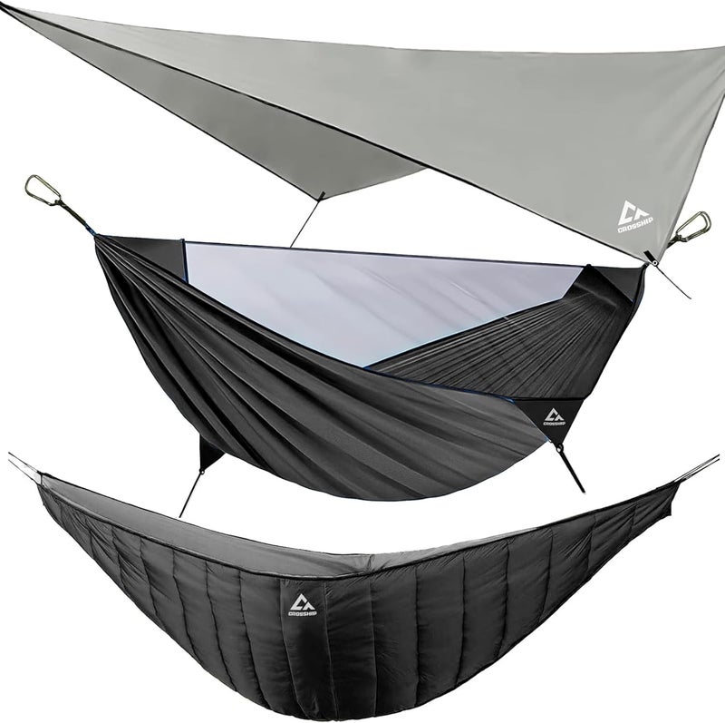 CROSSHIP Camping Hammock with Mosquito Net & Hammock Underquilt and Rain Fly Tarp - Portable for Indoor, Outdoor, Hiking, Backpacking, Backyard, Beach & Travel (Hold Up to 500lbs) - Black - Image 1