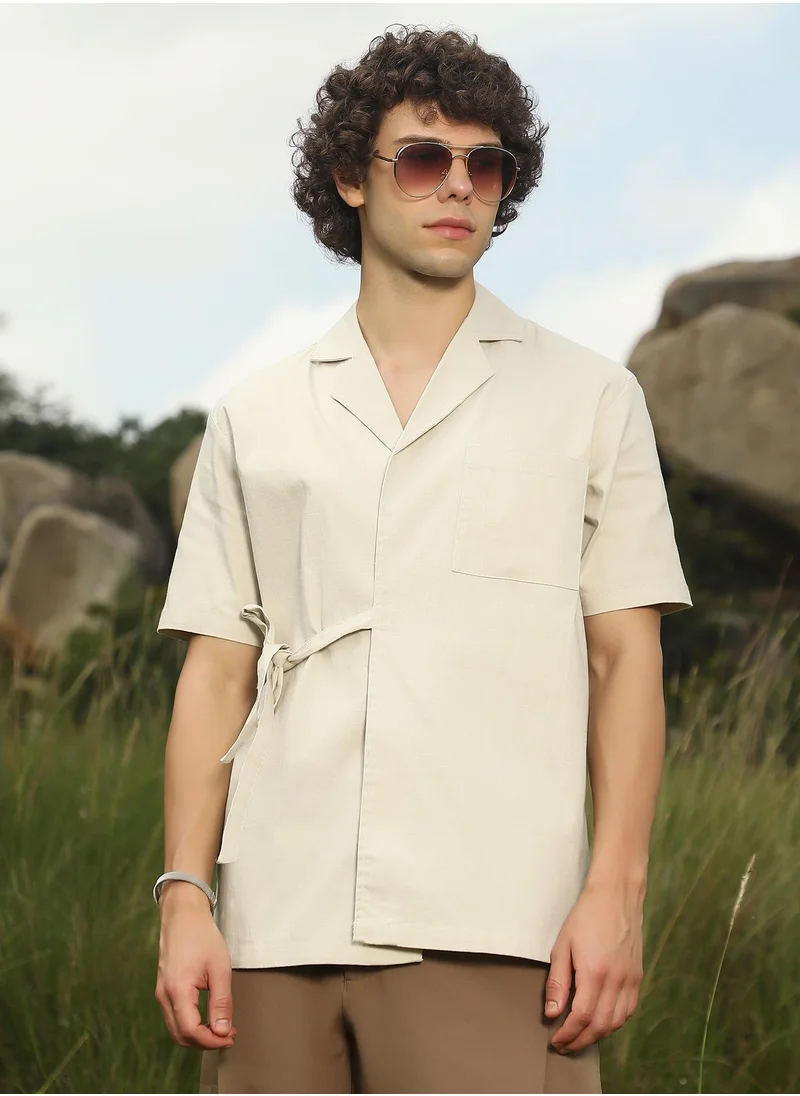 Campus Sutra Men's Cream Beige Korean Wrap Shirt