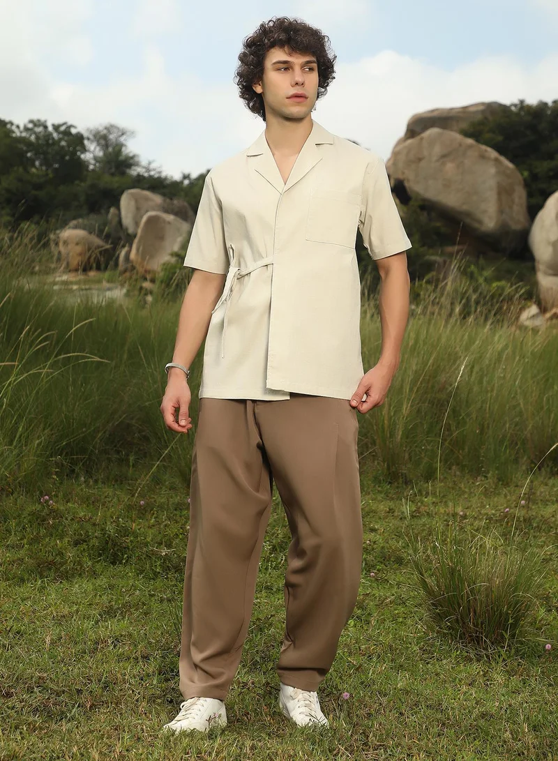 كامبوس سوترا Men's Cream Beige Korean Wrap Shirt