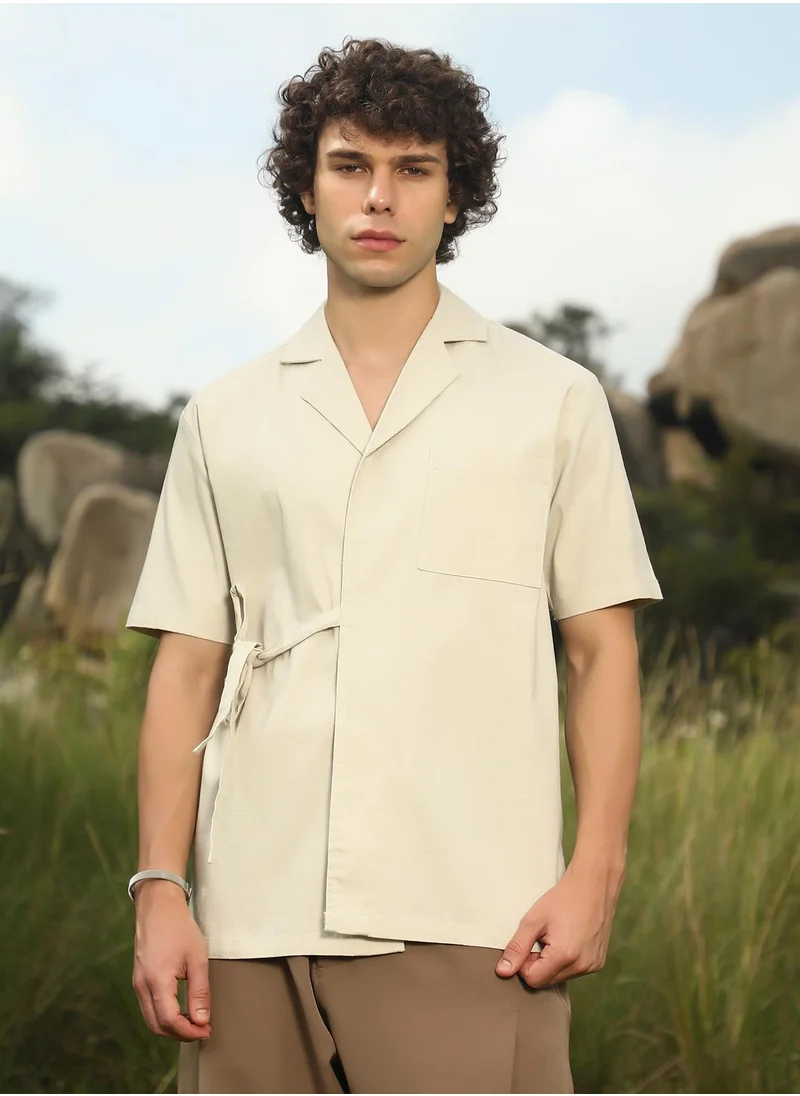 Campus Sutra Men's Cream Beige Korean Wrap Shirt