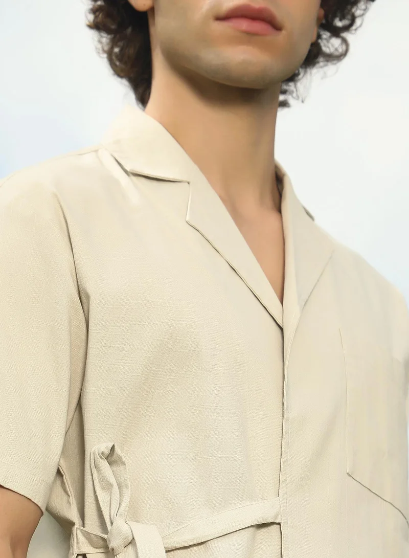 كامبوس سوترا Men's Cream Beige Korean Wrap Shirt