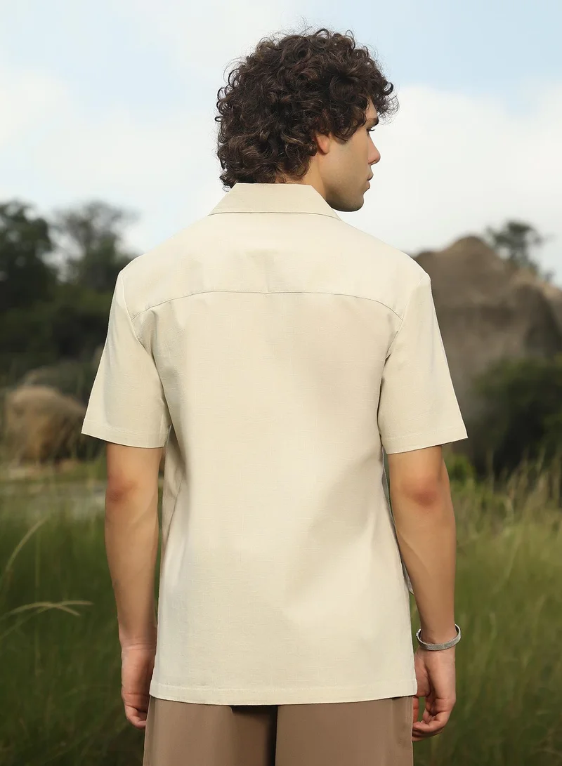 كامبوس سوترا Men's Cream Beige Korean Wrap Shirt