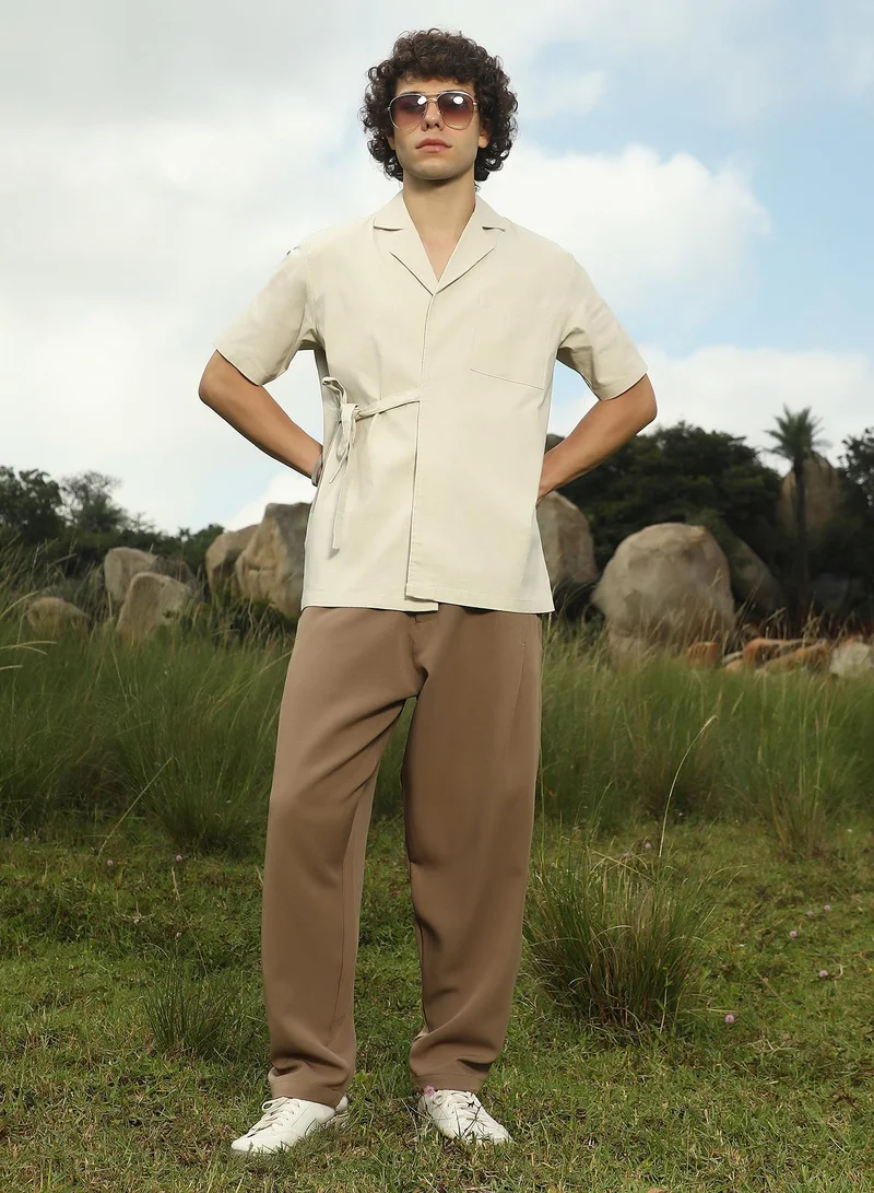 كامبوس سوترا Men's Cream Beige Korean Wrap Shirt