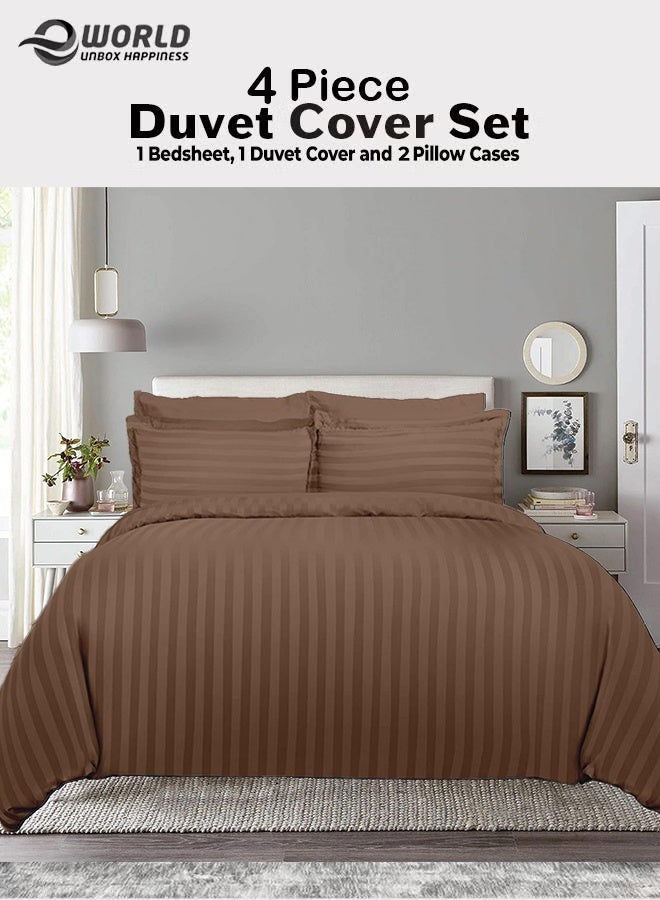 Eworld Premium Striped Duvet Set All Season – 4-Pieces Set Brown | King Size 220x240 cm | Ultra-Soft, Wrinkle-Resistant & Made in Dubai | Includes Duvet Cover, Fitted Sheet (200x200 cm) & 2 Pillowcases (50x70 cm) - Image 1
