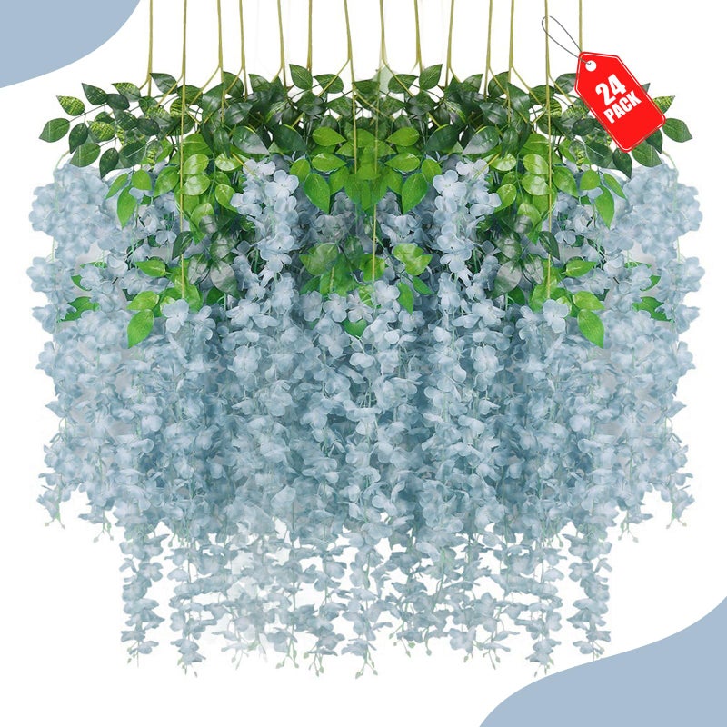 ZEBMOON 24 Pack Grey Wisteria Hanging Flowers, 3.4 Ft Fake Hanging Flowers, Artificial Wisteria Garland Vines for Wedding Room Backdrop Outdoor Patio Garden Decoration - Image 1
