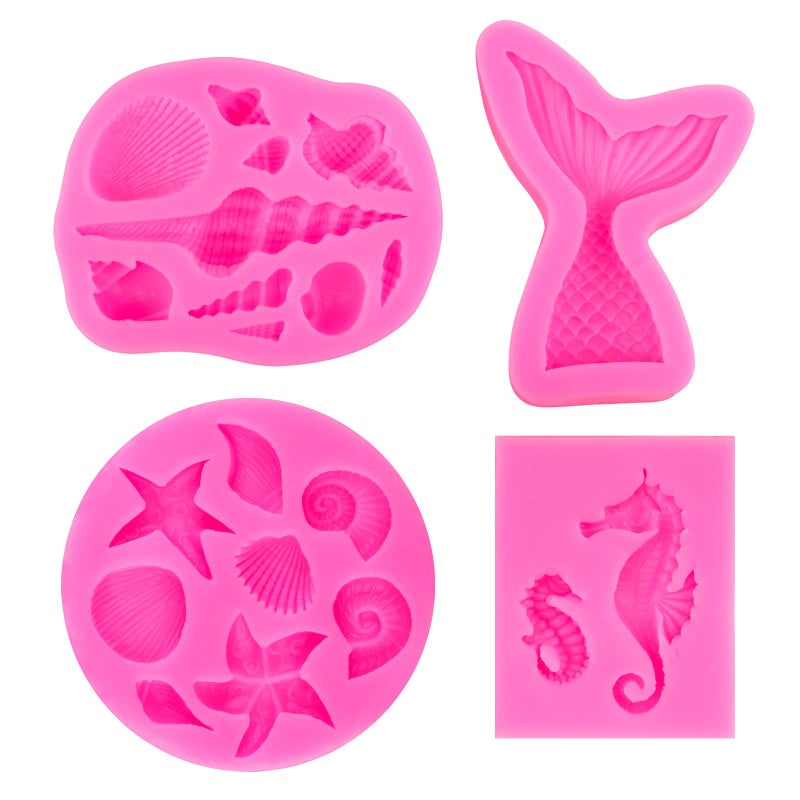 DIY Marine Themed Silicone Mould Set Mermaid Theme Silicone Baking Molds Tools Fondant Cake Moulds for Cake Cupcake Decorations Mermaid Tail Shells Seahorse Candy Chocolate Baking Molds