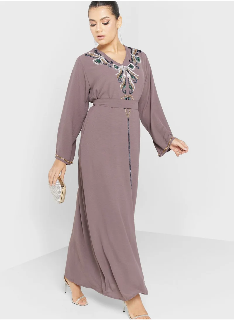 hayas closet V-Neck Embellished Jalabiya