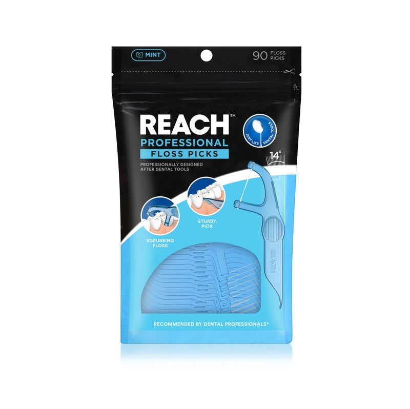 REACH Dental Floss Picks, Mint, Plaque Remover for Teeth, for Hard to Reach Areas, Easy Grip Handle, Comfortable Multi-Use Flosser for Adults, Oral Care, PFAS Free, 90 Count - Image 1