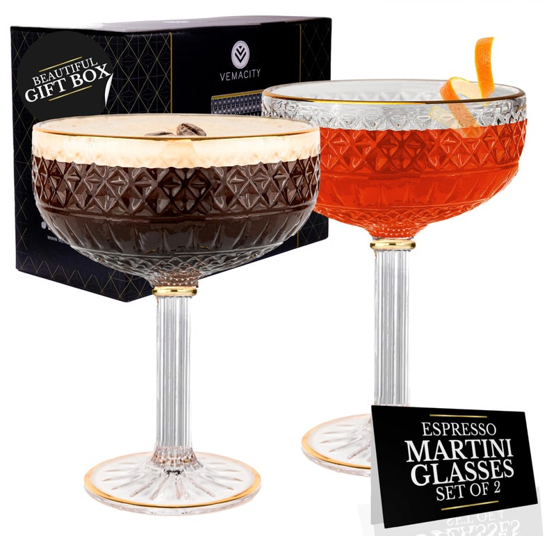 VEMACITY Embossed Espresso Martini Glasses Set of 2 10oz Gold Rim Coupe Glasses for Cocktails Champagne Margaritas Vintage Art Deco Design Ideal for Martinis and Margaritas