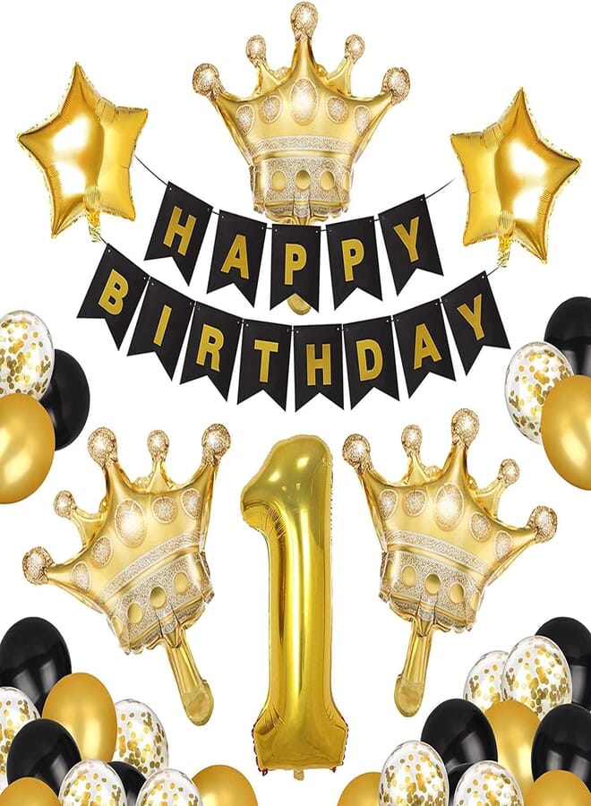Secret 11st Birthday Decorations Baby First Birthday Party Supplies with Black Happy Birthday Banner,Gold Foil Crown Balloons & Number 1 Balloon,18 pcs Latex Balloons(Gold,Black)