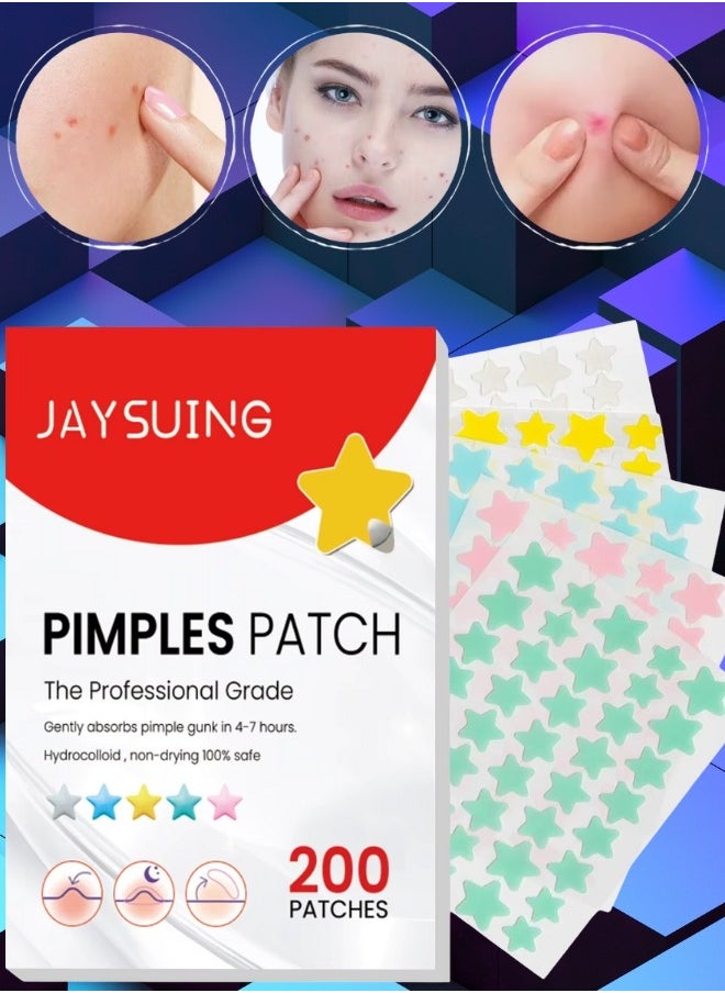 Jaysuing 200 Pcs Pimple Patches Hydrocolloid Non Drying Acne Patches for Face Colorful Star Pimple Spot Sticker with Hyaluronic Acid Tea Tree Oil and Centella Oil Pimple Patches for Covering Blemishes and Zits  - Image 1
