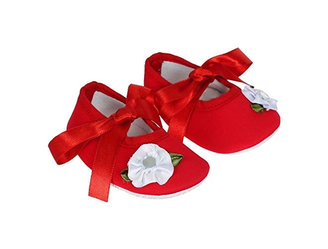 Rsmart Infant New Baby Toddlers Boys and Girls Cotton Red Sandal Ribbon Booties With White Flower Patch [RSM_73] - Image 1