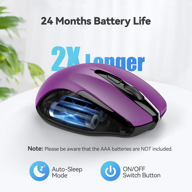 TECKNET Wireless Mouse, 2.4G Ergonomic Optical Mouse, Computer Mouse for Laptop, PC, Computer, Chromebook, Notebook, 6 Buttons, 24 Months Battery Life, 2600 DPI, 5 Adjustment Levels, Purple - Image 5