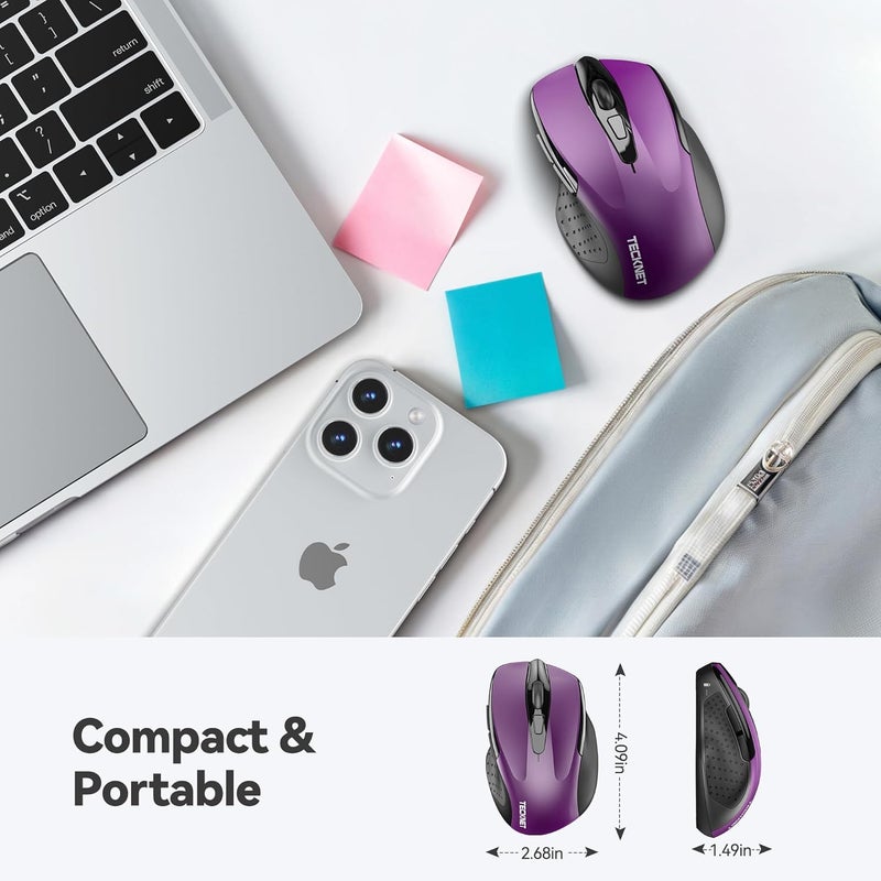 TECKNET Wireless Mouse, 2.4G Ergonomic Optical Mouse, Computer Mouse for Laptop, PC, Computer, Chromebook, Notebook, 6 Buttons, 24 Months Battery Life, 2600 DPI, 5 Adjustment Levels, Purple - Image 2