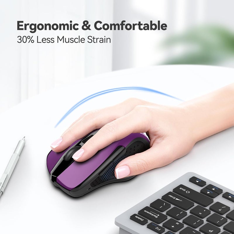 TECKNET Wireless Mouse, 2.4G Ergonomic Optical Mouse, Computer Mouse for Laptop, PC, Computer, Chromebook, Notebook, 6 Buttons, 24 Months Battery Life, 2600 DPI, 5 Adjustment Levels, Purple - Image 3