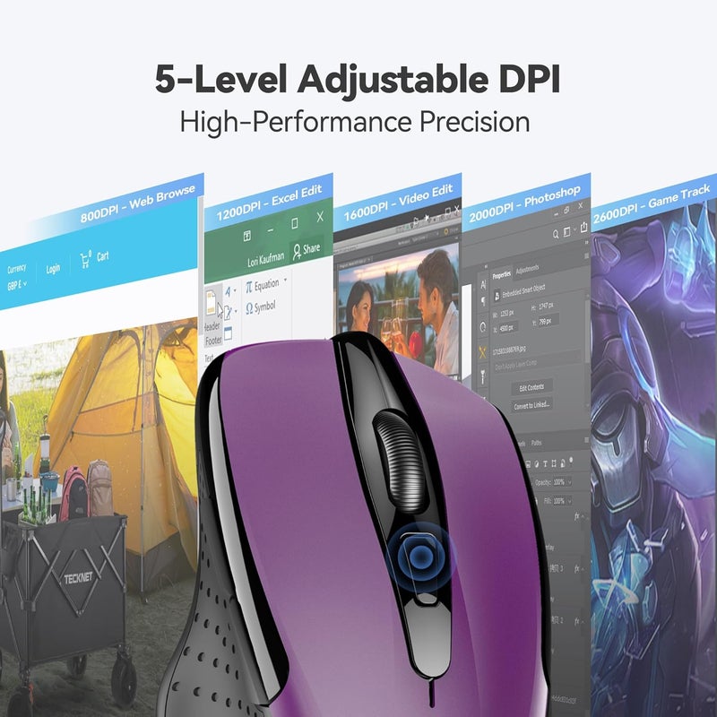 TECKNET Wireless Mouse, 2.4G Ergonomic Optical Mouse, Computer Mouse for Laptop, PC, Computer, Chromebook, Notebook, 6 Buttons, 24 Months Battery Life, 2600 DPI, 5 Adjustment Levels, Purple - Image 4