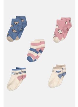 bebe Kids Girl 5 Pairs Graphic Printed Quarter Socks, Multicolor  - Image 1