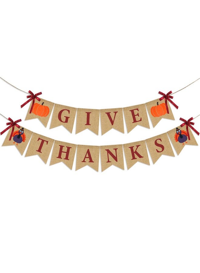 Partyprops Give Thanks Burlap Banner| ThanksGiving Burlap Banner Thanksgiving Decorations| Rustic Thanksgiving Turkey Pumpkin Bunting| Thanksgiving Party Supplies Fireplace Mantle Decor - Image 1