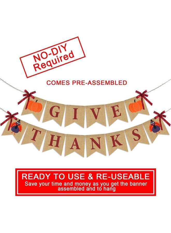 Partyprops Give Thanks Burlap Banner| ThanksGiving Burlap Banner Thanksgiving Decorations| Rustic Thanksgiving Turkey Pumpkin Bunting| Thanksgiving Party Supplies Fireplace Mantle Decor - Image 2