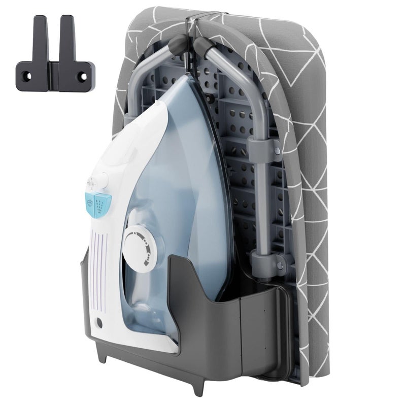 XABITAT طاولة كي الملابس القابلة للطي XABITAT مع تثبيت على الحائط DCrease، لوح كي ميني موفر للمساحة، لوح كي صغير قابل للطي مع حامل مكواة رمادي