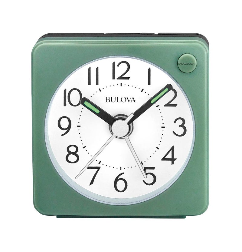 Bulova Clocks B1874, Ultra Small Travel Alarm with Snooze and Light, No Ticking, Verde,Green - Image 1