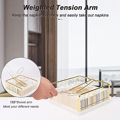 Livabber Flat Napkin Holder, Metal Kitchen Napkin Storage with Weighted Tension Arm Rustic Tissue Paper Dispenser for Countertop, Table Kitchen, Dining Room (With Marble Base, Gold) - Image 5