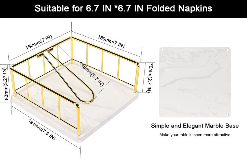 Livabber Flat Napkin Holder, Metal Kitchen Napkin Storage with Weighted Tension Arm Rustic Tissue Paper Dispenser for Countertop, Table Kitchen, Dining Room (With Marble Base, Gold) - Image 2