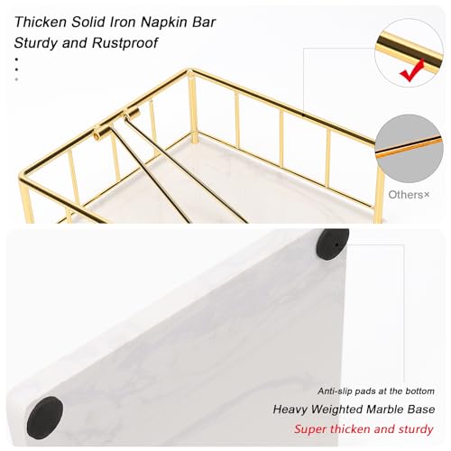 Livabber Flat Napkin Holder, Metal Kitchen Napkin Storage with Weighted Tension Arm Rustic Tissue Paper Dispenser for Countertop, Table Kitchen, Dining Room (With Marble Base, Gold) - Image 3