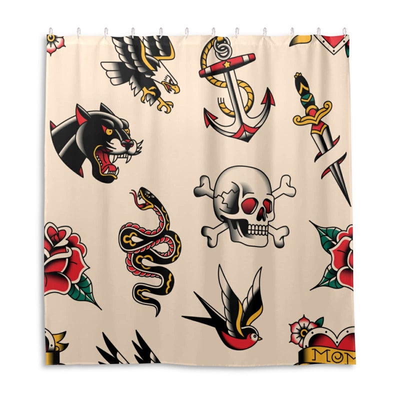 xigua Shower Curtains Old School Tattoo Print Design CurtainWaterproof Fabric Decor Shower Curtains for Bathroom Set with 12 Hooks66 x 72