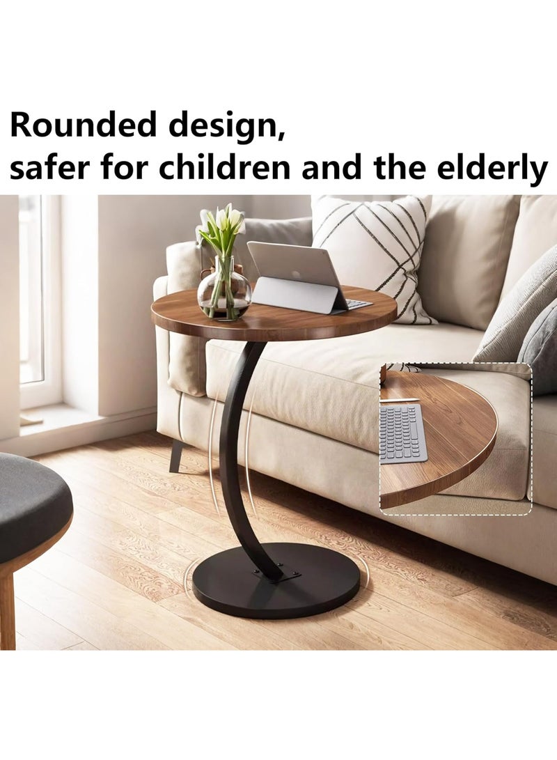 شو وو طاولة جانبية على شكل C مع إطار معدني وطاولة صينية خشبية مستديرة لغرفة المعيشة وغرفة النوم بجانب السرير والكمبيوتر المحمول والوجبات الخفيفة والقهوة والجوز - Image 2
