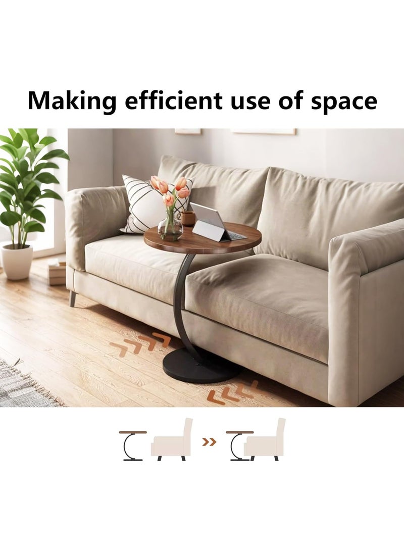 شو وو طاولة جانبية على شكل C مع إطار معدني وطاولة صينية خشبية مستديرة لغرفة المعيشة وغرفة النوم بجانب السرير والكمبيوتر المحمول والوجبات الخفيفة والقهوة والجوز - Image 3