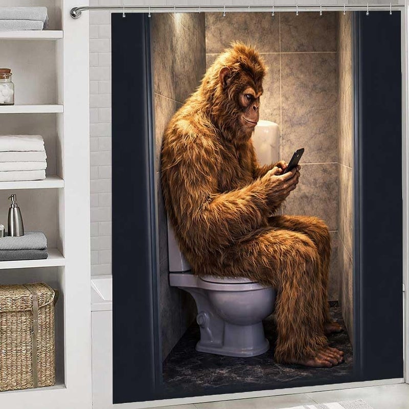 Monkey on Toilet, Using Phone in bathroomShower Curtain for Bathroom Waterproof Tan Shower Curtain with Hooks 71 inch x 71 inch - Image 2