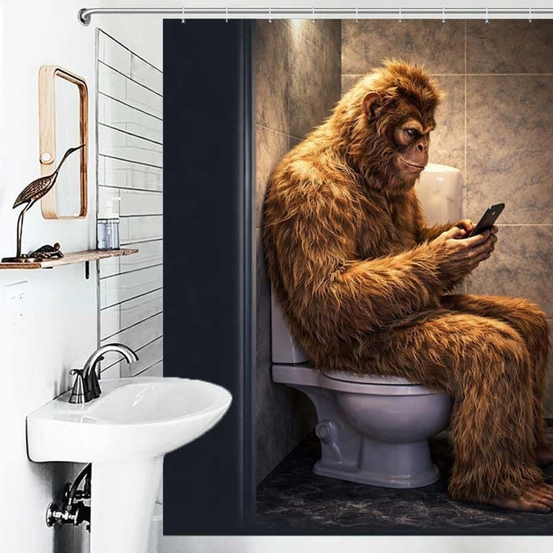 Monkey on Toilet, Using Phone in bathroomShower Curtain for Bathroom Waterproof Tan Shower Curtain with Hooks 71 inch x 71 inch - Image 4