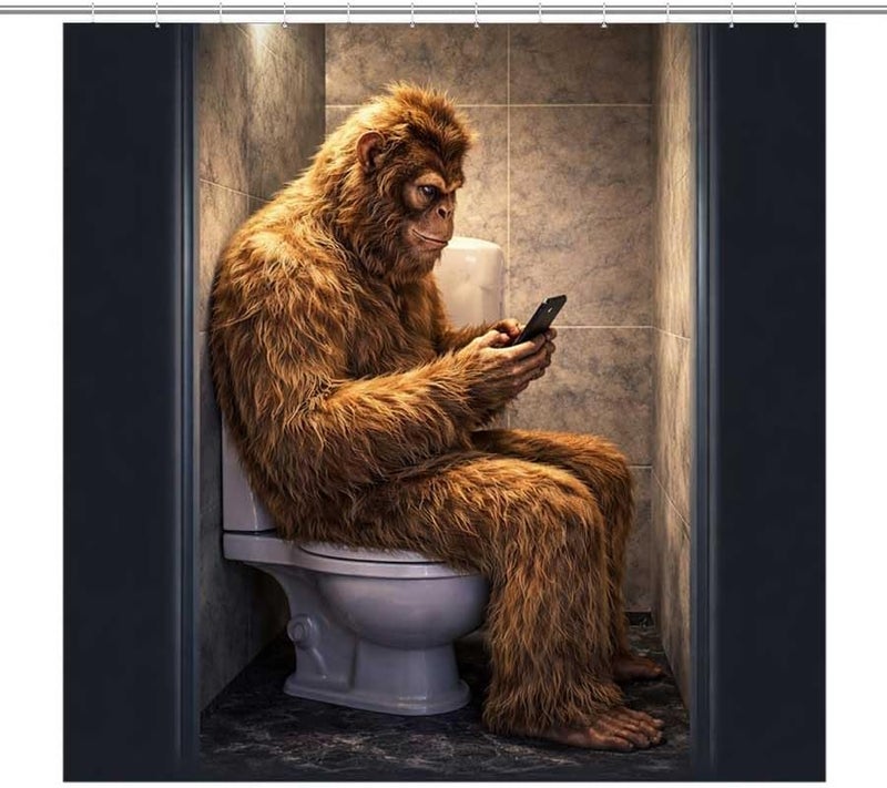 Monkey on Toilet, Using Phone in bathroomShower Curtain for Bathroom Waterproof Tan Shower Curtain with Hooks 71 inch x 71 inch - Image 1