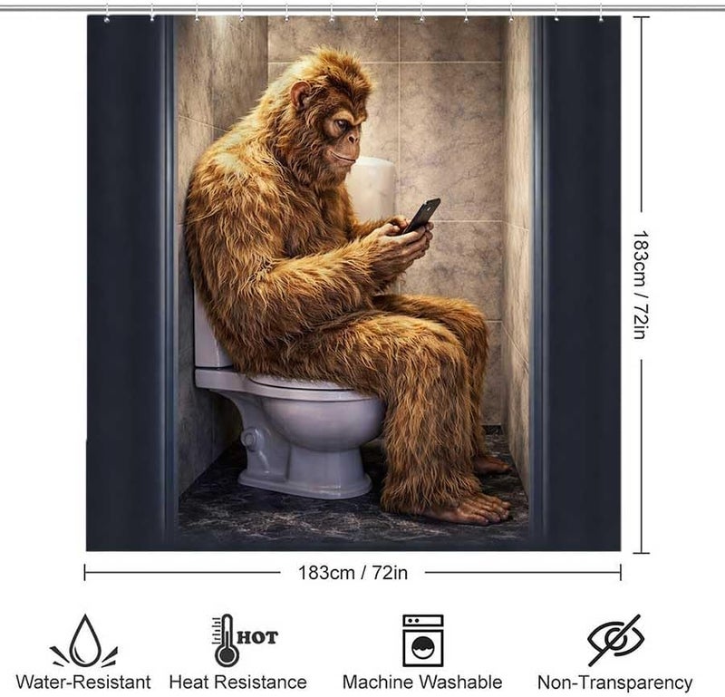 Monkey on Toilet, Using Phone in bathroomShower Curtain for Bathroom Waterproof Tan Shower Curtain with Hooks 71 inch x 71 inch - Image 3
