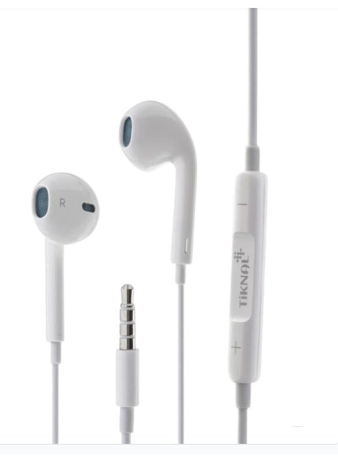 Tiknal TK H083 Wired AUX Earphones Built in Microphone and Full Controls Clear and Pure Sound White - Image 2
