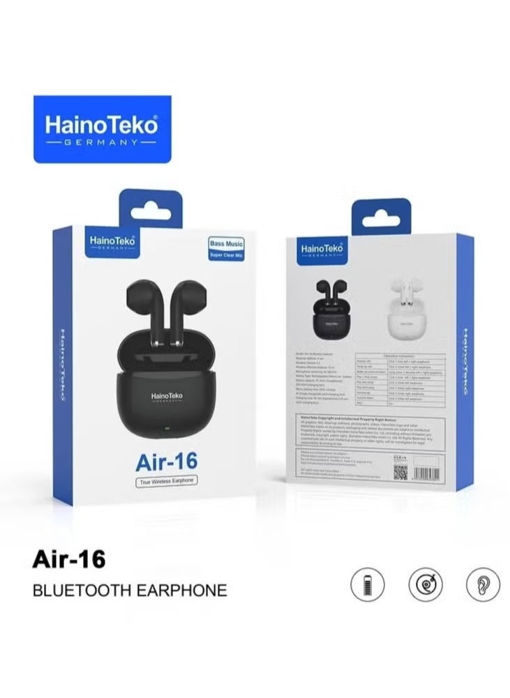Haino Teko - Wireless AIR-16 In-Ear Bluetooth Earphones – Premium Sound, Comfortable Fit, Free Cover with Hook, Original Quality, Compatible with iOS and Android Devices – Sleek Black Design, Sweatproof, High-Performance Audio, Long Battery Life - Image 1