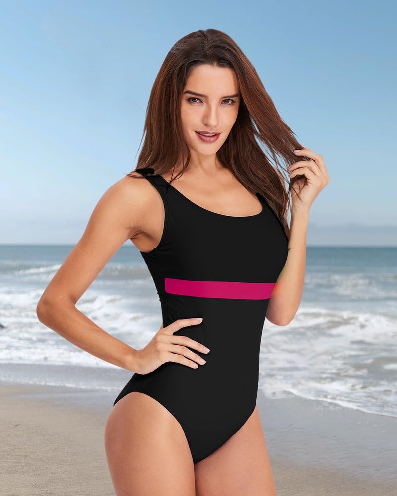 HAIVIDO Women's Athletic One Piece Swimsuits Racing Training Sports Bathing Suit Color Block Swimwear Black with Fushcia M - Image 2