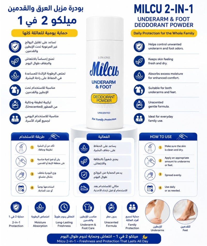 Milcu 2-in-1 Underarm & Foot Deodorant Powder 80G - Image 2