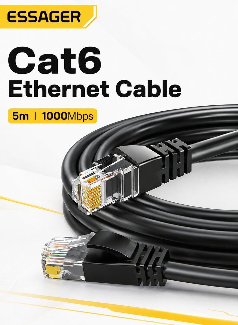 ESSAGER Cat6 Ethernet Cable 5m, 1000Mbps Gigabit LAN Network RJ45 Internet Cord, UTP Round Computer Cable for Router, PC, Switch, Smart TV, Gaming – Black - Image 1