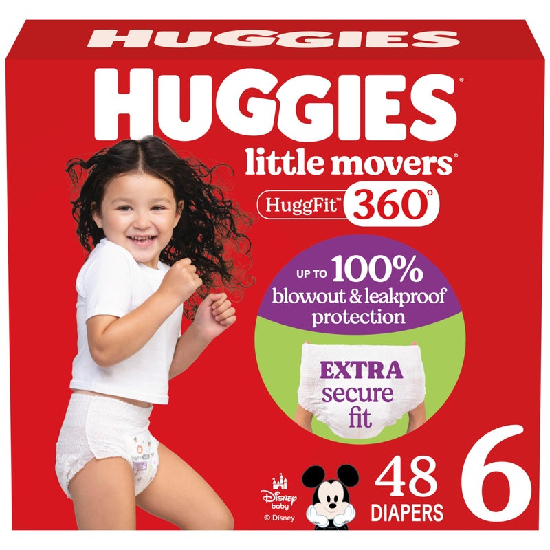 Huggies Size 6 Baby Diapers, Little Movers HuggFit 360Â° Baby Diapers with 360Â° Waistband, Size 6 (35+ lbs), 48 Count, Packaging May Vary - Image 1