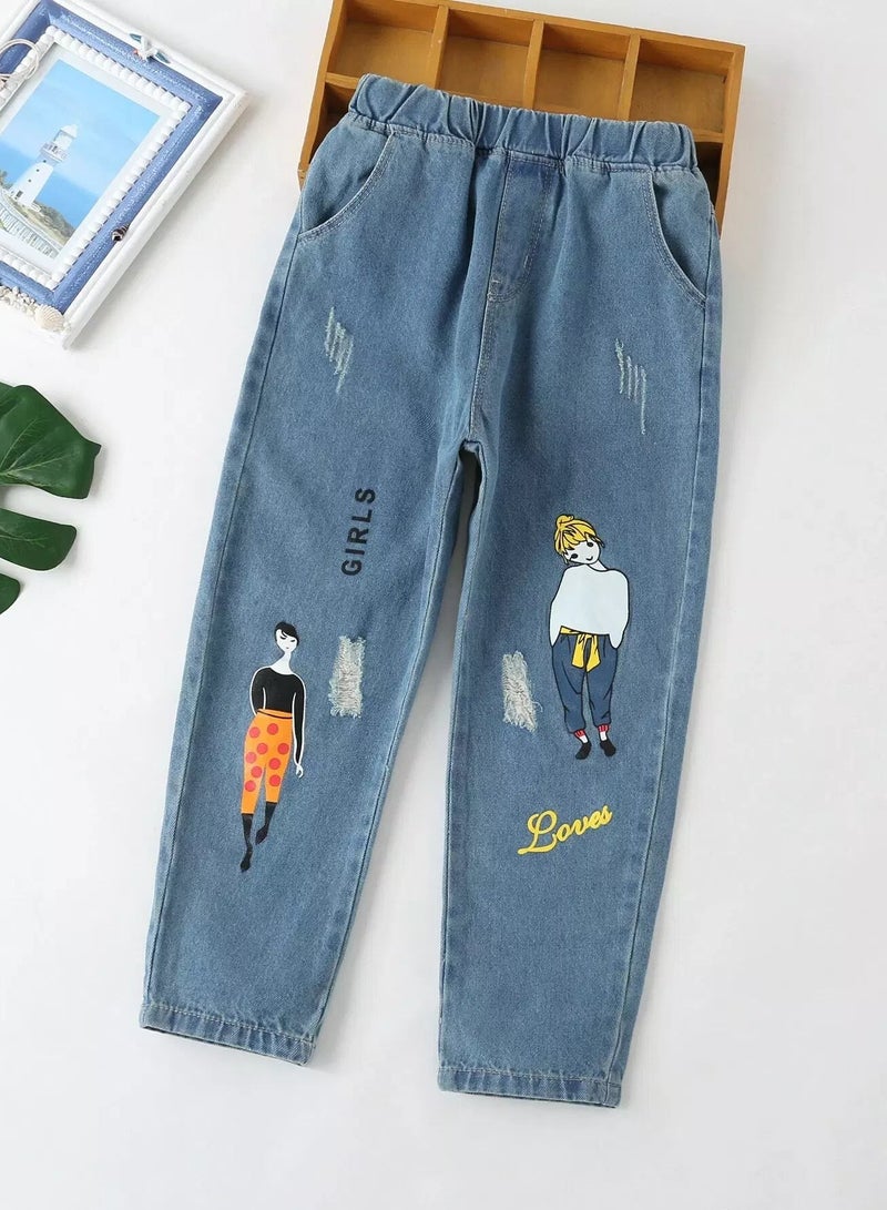 Girls Ripped Figure And Letter Graphic Jeans  - Image 1