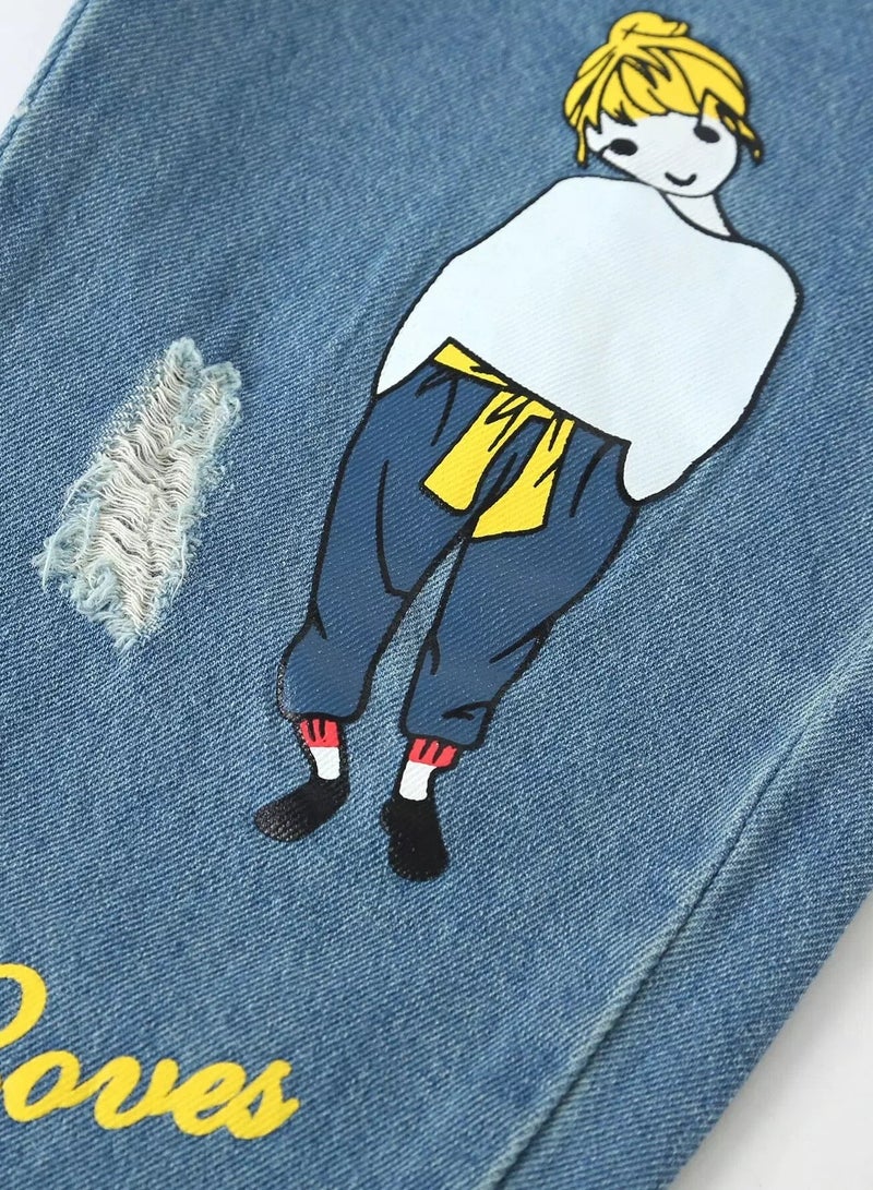 Girls Ripped Figure And Letter Graphic Jeans  - Image 5