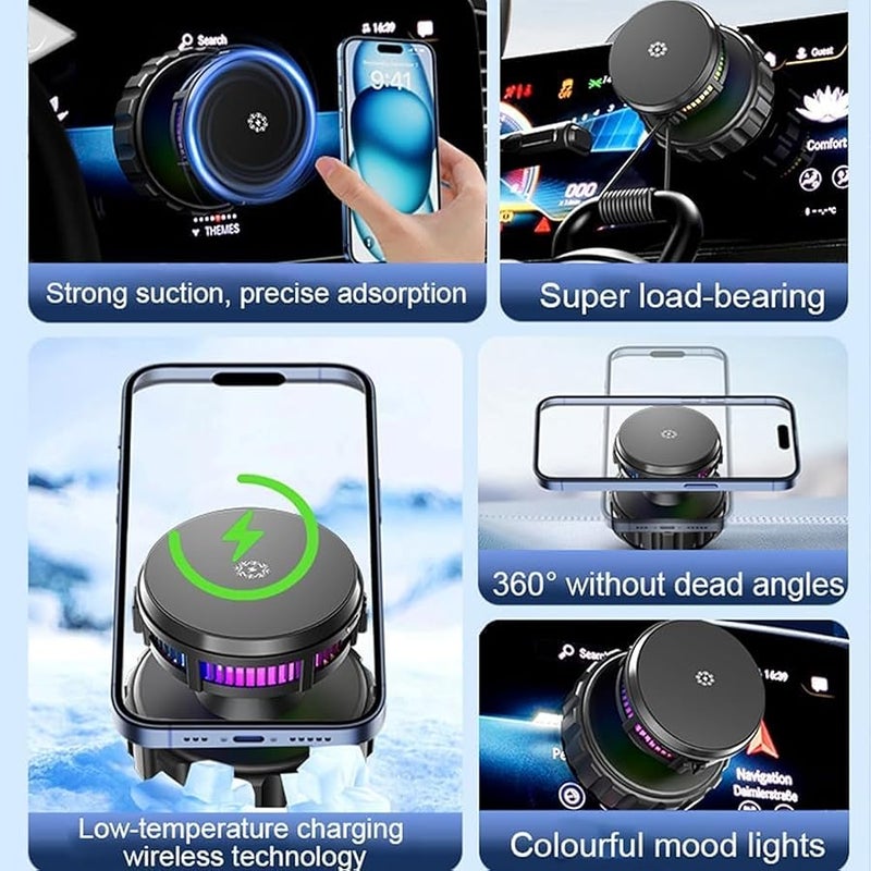 Magnetic Phone Holder with Cooling Fan, Vacuum Suction Phone Charger Mount for Dashboard, Universal Phone Stand Charger for All Smooth Surfaces, Auto Essentials Supplies, 360° Adjustable (Black) - Image 1