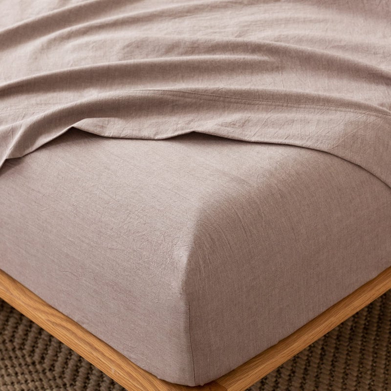 MooMee Fitted Bottom Sheet Only 100% Washed Cotton Linen Like Textured Breathable Durable Soft Comfy Deep Pocket Fits Mattress up to 17" (Mauve Brown, King) - Image 1